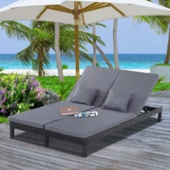 Outsunny 2 Seater Rattan Reclining Sun Lounger Set - Grey - 862-023V71BK