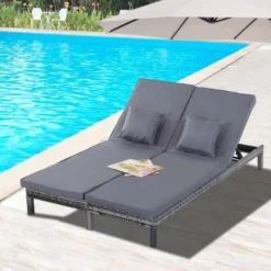 Outsunny 2 Seater Rattan Reclining Sun Lounger Set - Grey - 862-023V71GY