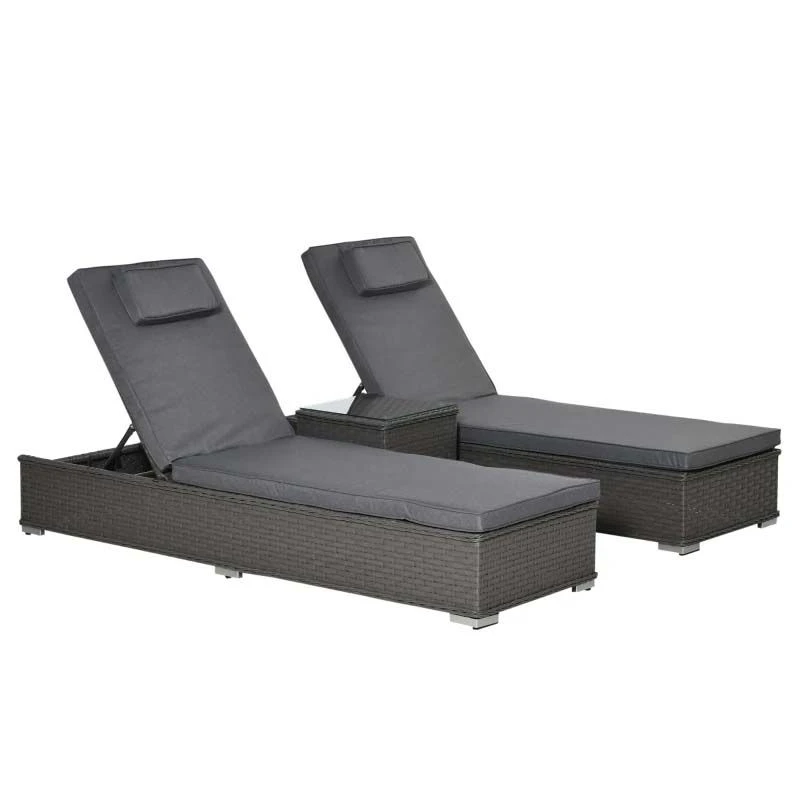 Outsunny 2 Seater Rattan Reclining Sun Lounger Set With Table - Grey - 862-024V01 - Image 2