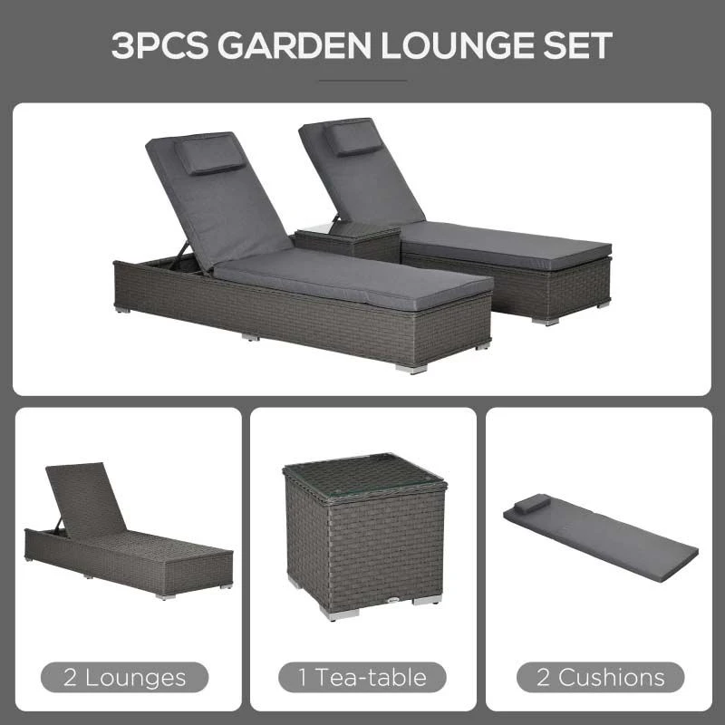 Outsunny 2 Seater Rattan Reclining Sun Lounger Set With Table - Grey - 862-024V01 - Image 5