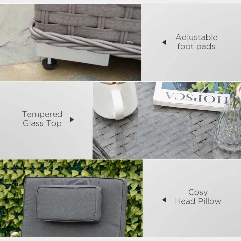 Outsunny 2 Seater Rattan Reclining Sun Lounger Set With Table - Grey - 862-024V01 - Image 7