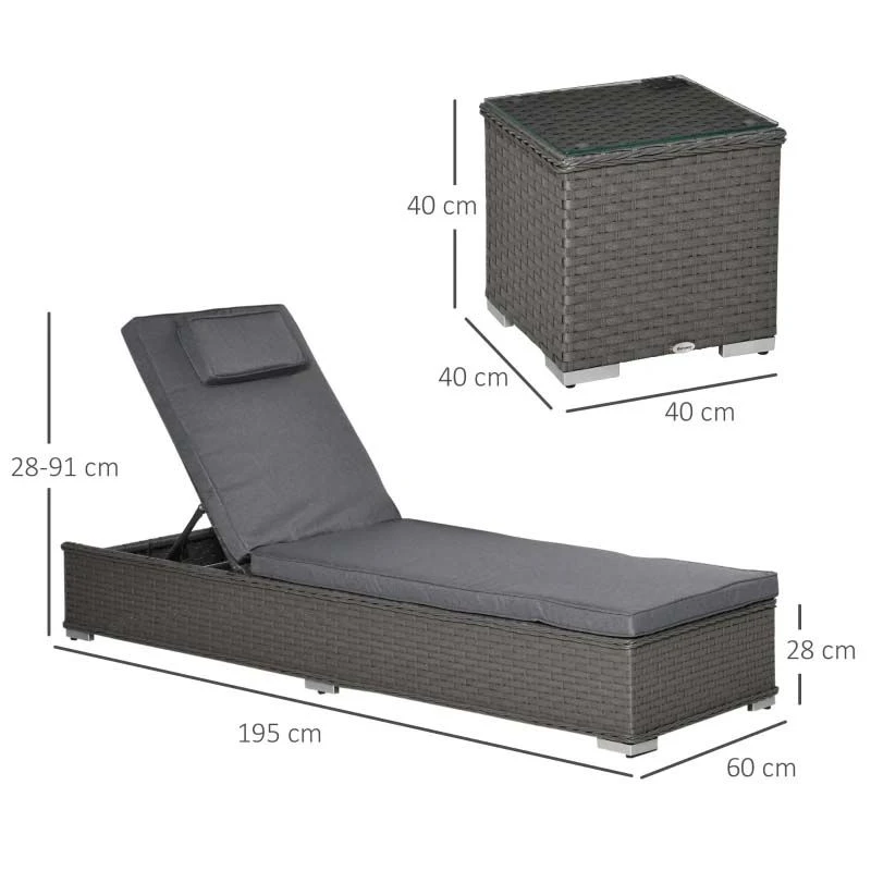Outsunny 2 Seater Rattan Reclining Sun Lounger Set With Table - Grey - 862-024V01 - Image 3