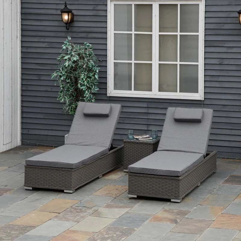 Outsunny 2 Seater Rattan Reclining Sun Lounger Set With Table - Grey - 862-024V01 - Image 10