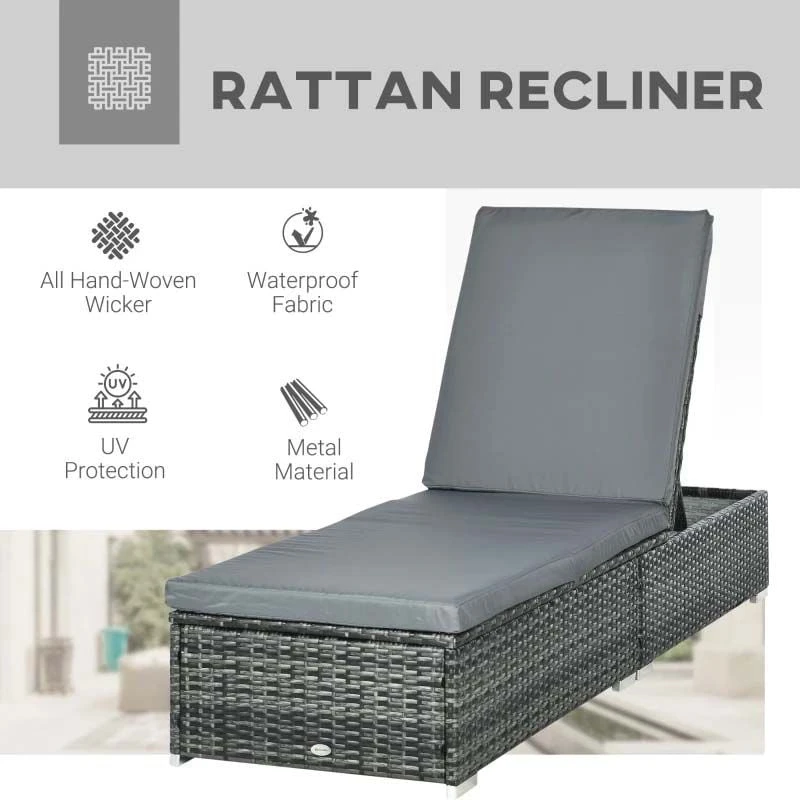 Outsunny Rattan Reclining Sun Lounger - Grey - 862-025V70GG - Image 4