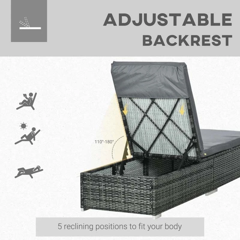 Outsunny Rattan Reclining Sun Lounger - Grey - 862-025V70GG - Image 6