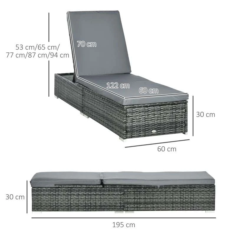 Outsunny Rattan Reclining Sun Lounger - Grey - 862-025V70GG - Image 3