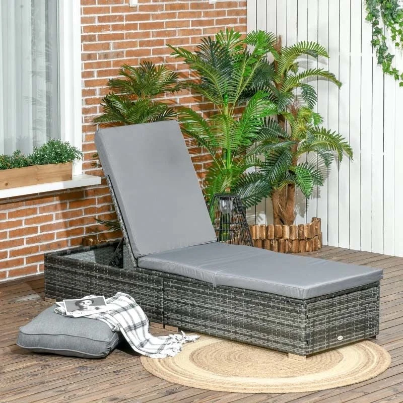 Outsunny Rattan Reclining Sun Lounger - Grey - 862-025V70GG - Image 8