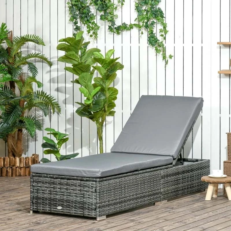 Outsunny Rattan Reclining Sun Lounger - Grey - 862-025V70GG