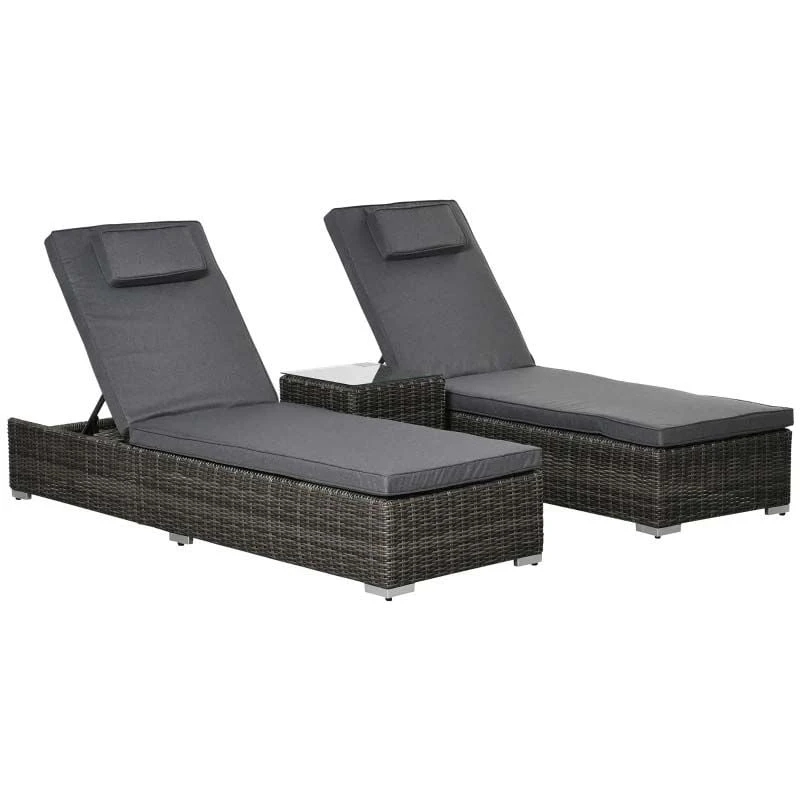 Outsunny 2 Seater Rattan Reclining Sun Lounger Set With Table - Grey - 862-045V70 - Image 2