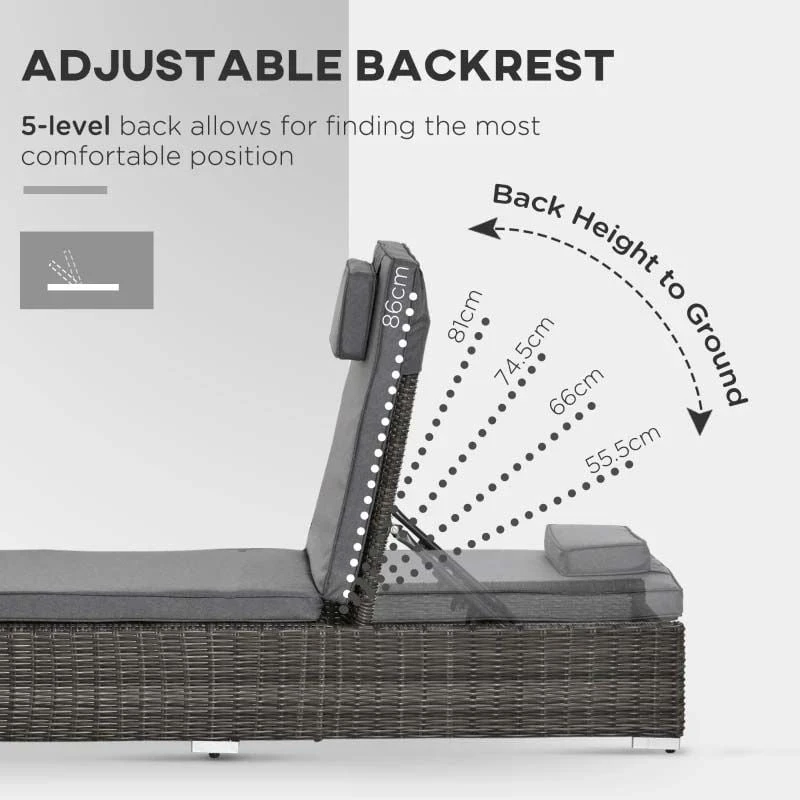 Outsunny 2 Seater Rattan Reclining Sun Lounger Set With Table - Grey - 862-045V70 - Image 4