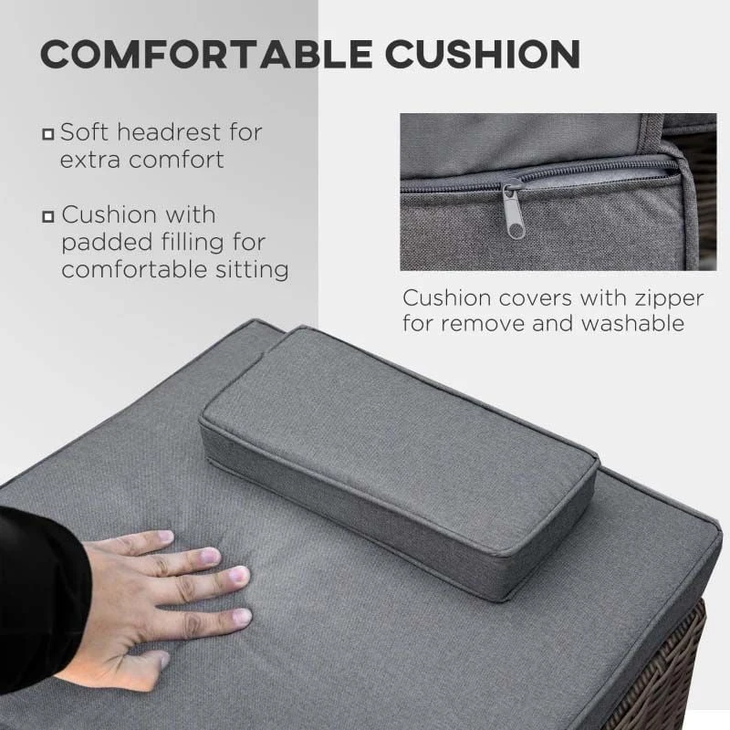 Outsunny 2 Seater Rattan Reclining Sun Lounger Set With Table - Grey - 862-045V70 - Image 5