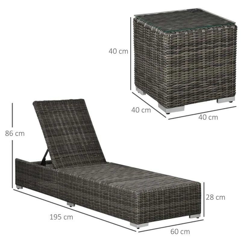 Outsunny 2 Seater Rattan Reclining Sun Lounger Set With Table - Grey - 862-045V70 - Image 3