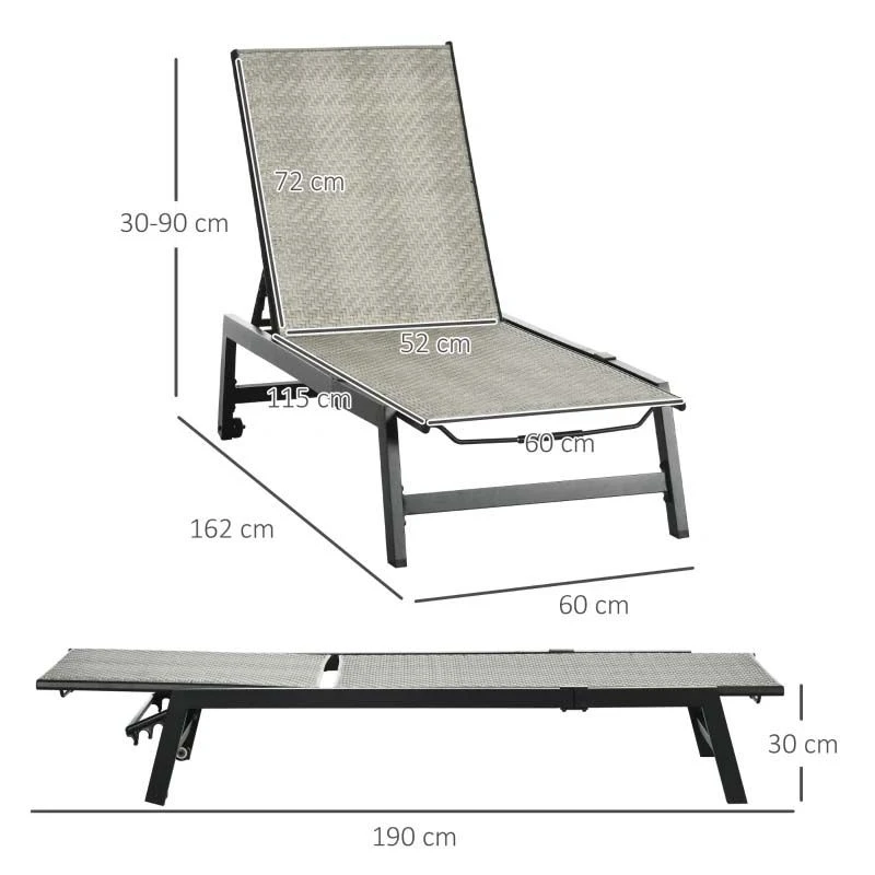 Outsunny Rattan Reclining Sun Lounger - Grey - 862-064V03GG - Image 3