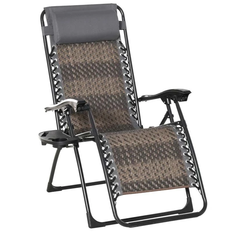 Outsunny Reclining Sun Lounger Chair With Cup Holder - Grey - 867-061V70 - Image 2