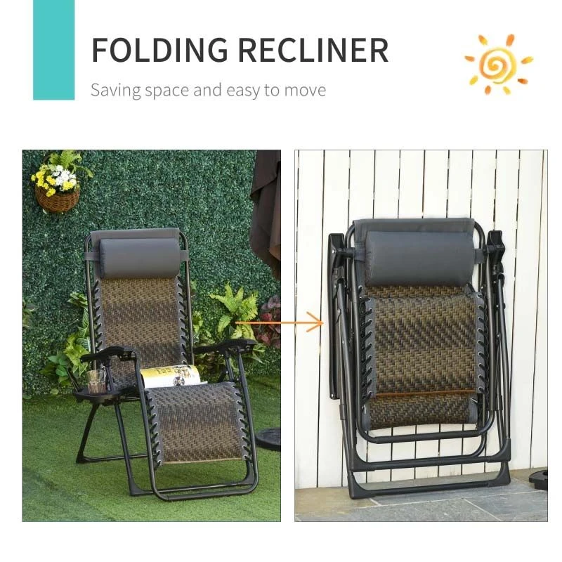 Outsunny Reclining Sun Lounger Chair With Cup Holder - Grey - 867-061V70 - Image 5