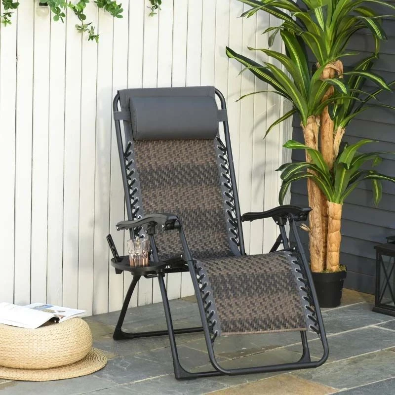 Outsunny Reclining Sun Lounger Chair With Cup Holder - Grey - 867-061V70 - Image 9