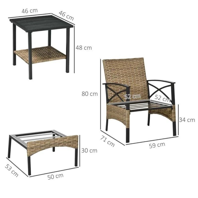 Outsunny 2-Seater Rattan Garden Furniture Set - Khaki/Grey - 867-146V70KK - Image 3