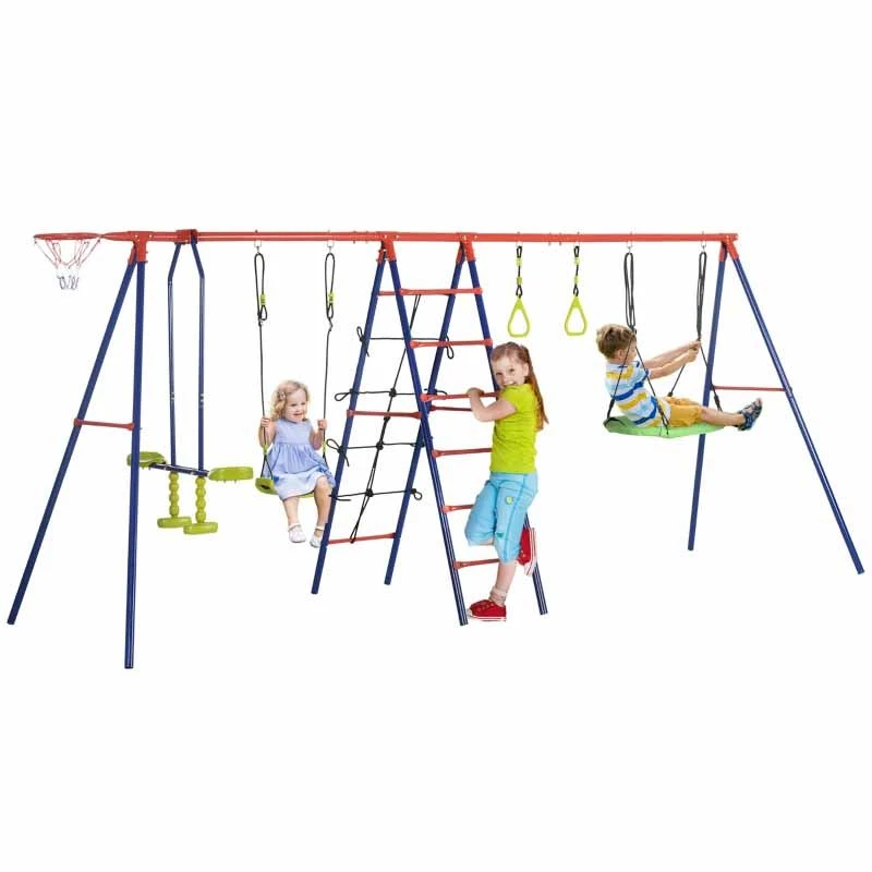 Outsunny 6 In 1 Metal Garden Swing Set For Kids - Red / Blue - 344-053V00DB - Image 7