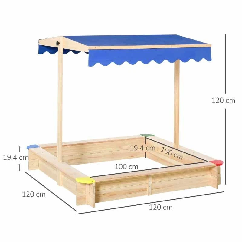 Outsunny Square Wooden Kids Sandpit With Canopy - 343-035 - Image 2