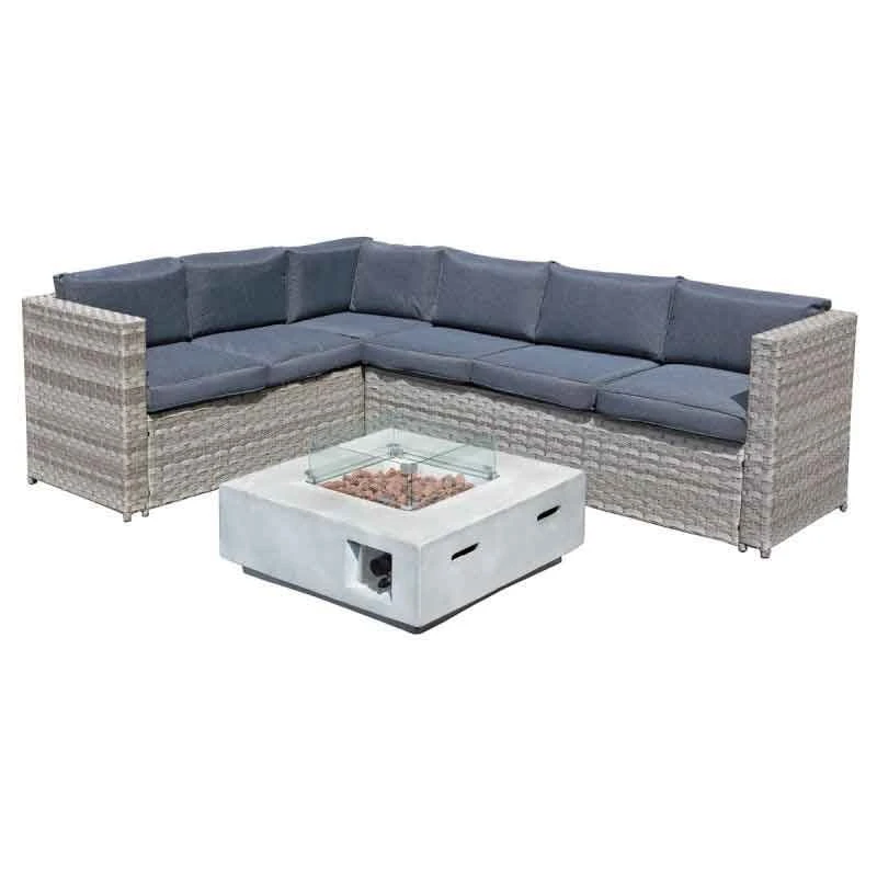 Oseasons® Acorn Rattan 6 Seat Corner Sofa Set With GRC Firepit - Dove Grey - 106896 - Image 2