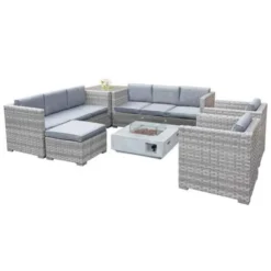 Oseasons® Malta XS Rattan 9 Seat U-Shape Sofa Set With Firepit - Dove Grey - 106904