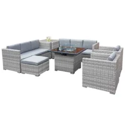 Oseasons® Malta XS Rattan 9 Seat U-Shape Sofa Set With Firepit - Dove Grey - 106905