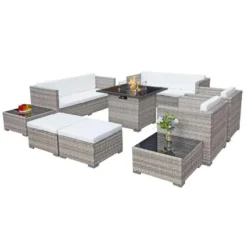 Oseasons® Acorn Deluxe Rattan 10 Seat Firepit Modular Sofa Set - Dove Grey/White - 107061