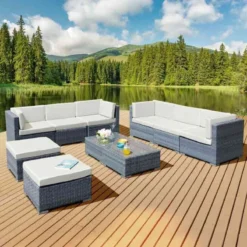 OseasonsĀ® Trinidad Deluxe Rattan 8 Seat Modular Sofa Set - Ocean Grey - 107067
