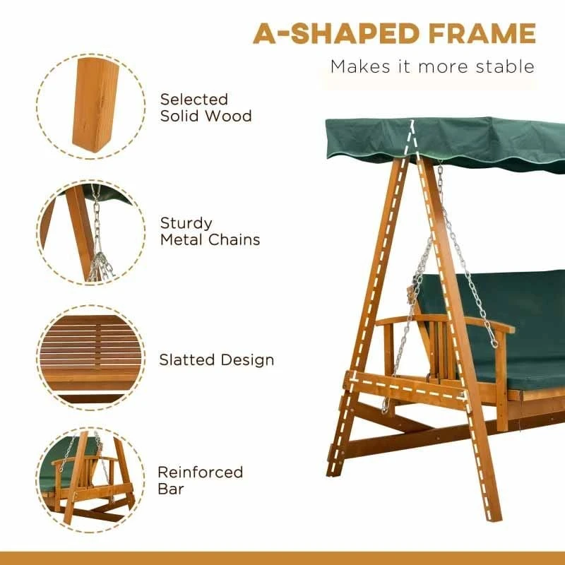 Outsunny 2 In 1 Wooden Garden Swing Chair - Green - 01-0078 - Image 10