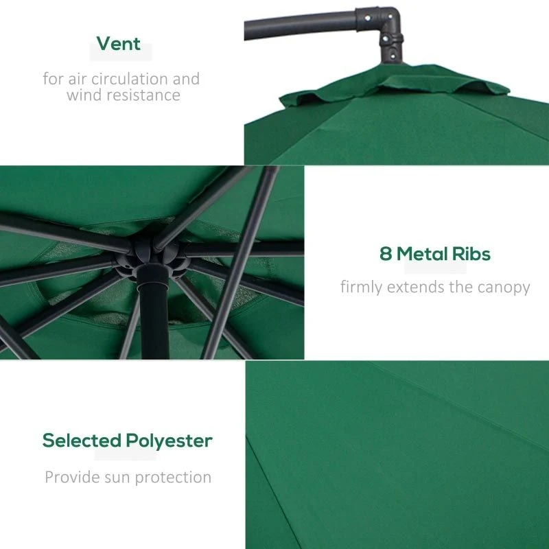 Outsunny 3m Banana Hanging Parasol Umbrella - Green - 01-0219 - Image 6