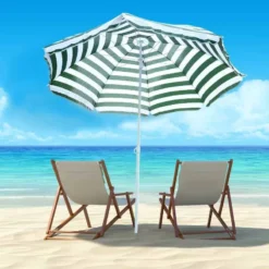 Outsunny Large 1.8m Beach Sun Crank Parasol - Green And White - 01-0220