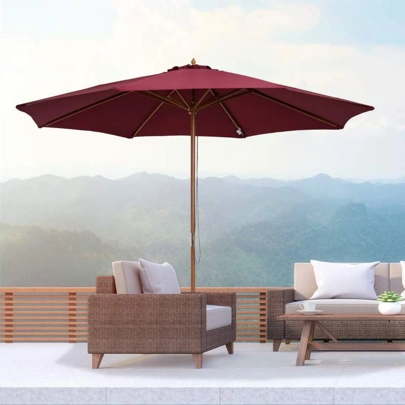 Outsunny 3m Bamboo Wooden Patio Umbrella 6 Ribs - Wine Red - 01-0576 - Image 10
