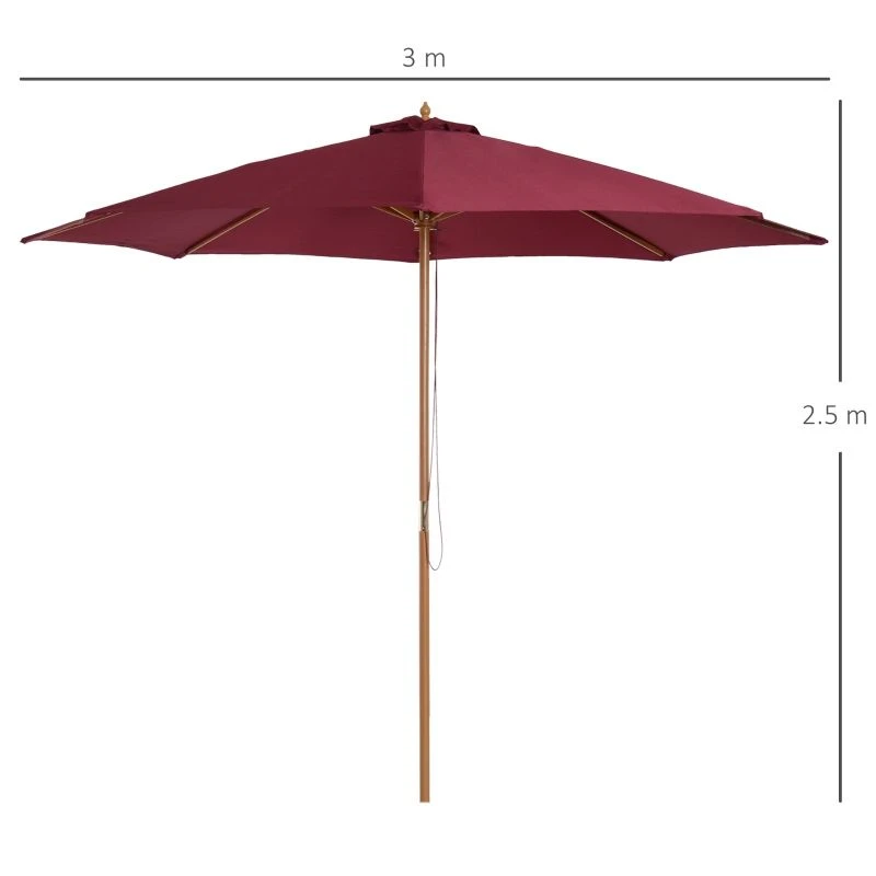 Outsunny 3m Bamboo Wooden Patio Umbrella 6 Ribs - Wine Red - 01-0576 - Image 9