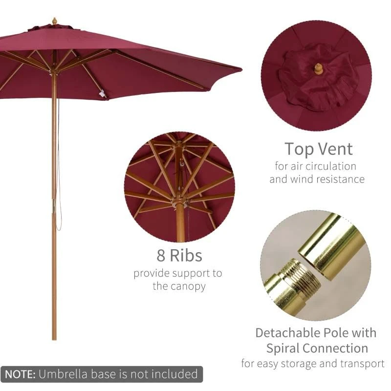 Outsunny 3m Bamboo Wooden Patio Umbrella 6 Ribs - Wine Red - 01-0576 - Image 8