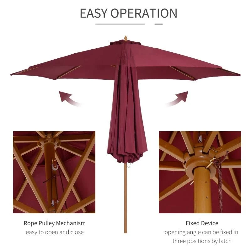 Outsunny 3m Bamboo Wooden Patio Umbrella 6 Ribs - Wine Red - 01-0576 - Image 7