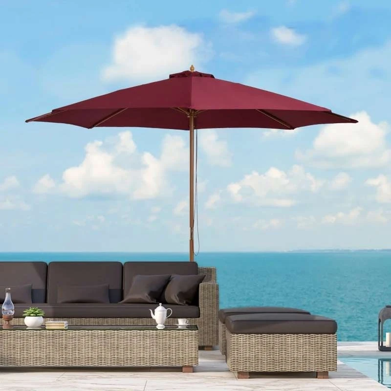 Outsunny 3m Bamboo Wooden Patio Umbrella 6 Ribs - Wine Red - 01-0576