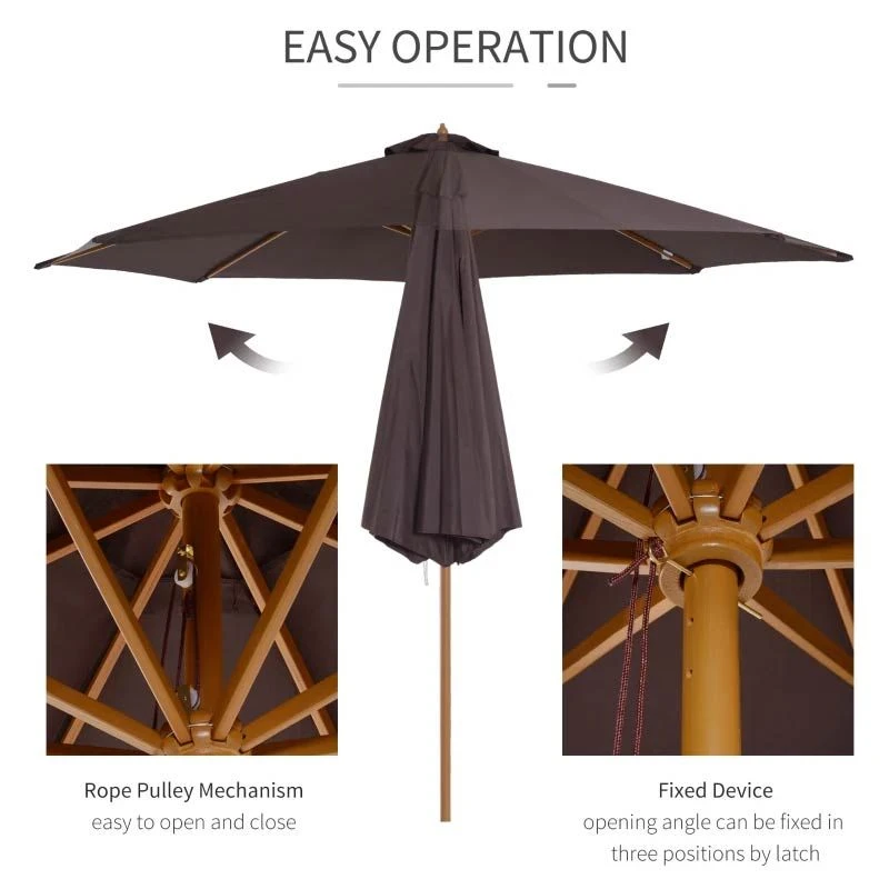 Outsunny 3m Bamboo Wooden Patio Umbrella 6 Ribs - Coffee - 01-0577 - Image 7