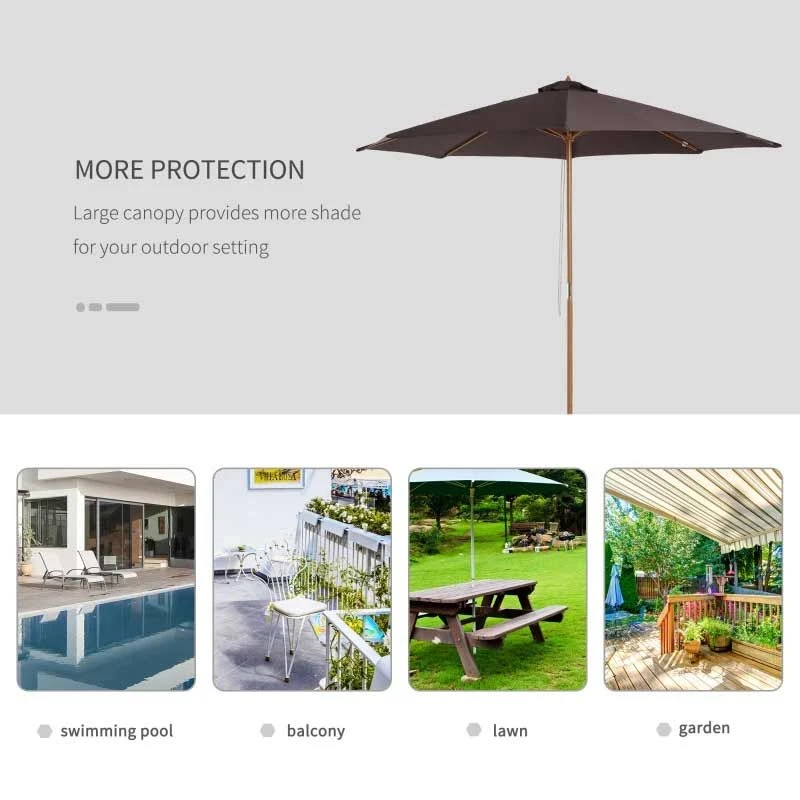 Outsunny 3m Bamboo Wooden Patio Umbrella 6 Ribs - Coffee - 01-0577 - Image 6