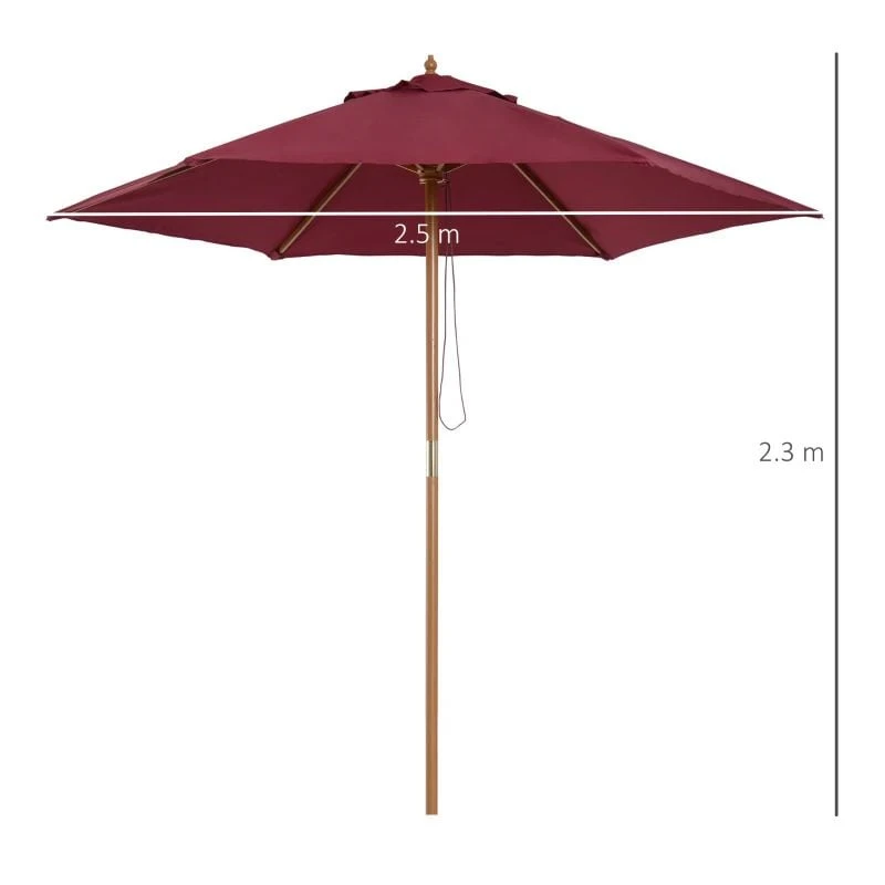 Outsunny 2.5m Wooden Garden Parasol Umbrella - Red Wine - 01-0583 - Image 8