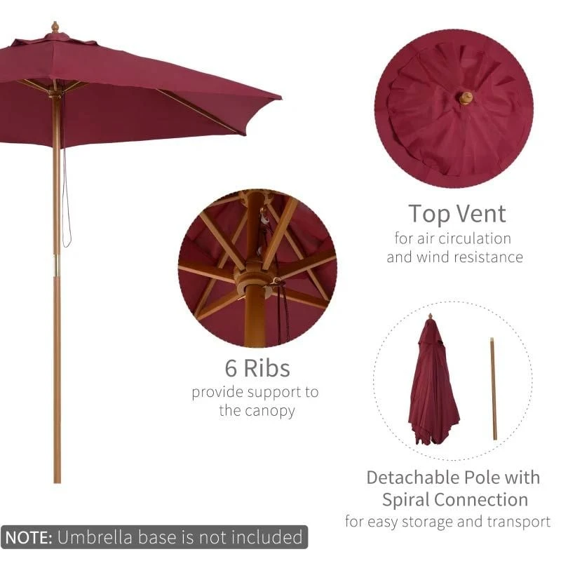 Outsunny 2.5m Wooden Garden Parasol Umbrella - Red Wine - 01-0583 - Image 7