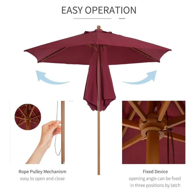 Outsunny 2.5m Wooden Garden Parasol Umbrella - Red Wine - 01-0583 - Image 6