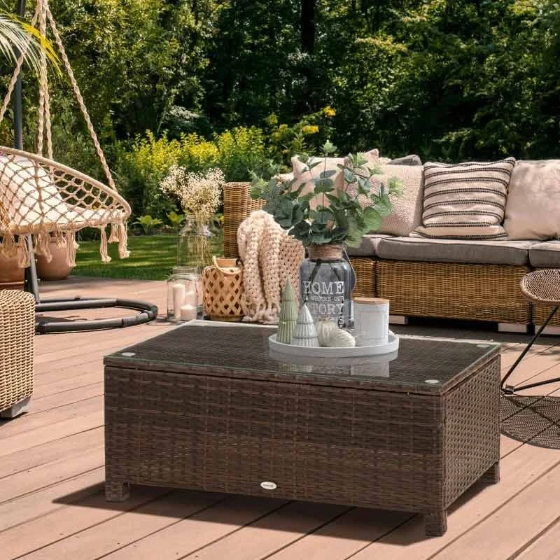Outsunny Rattan Coffee Table With Glass Table Top - 850mm - Brown - 01-0721 - Image 7