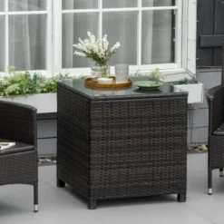 Outsunny Rattan Side Table With Glass Table Top - 640mm - Brown - 01-0723