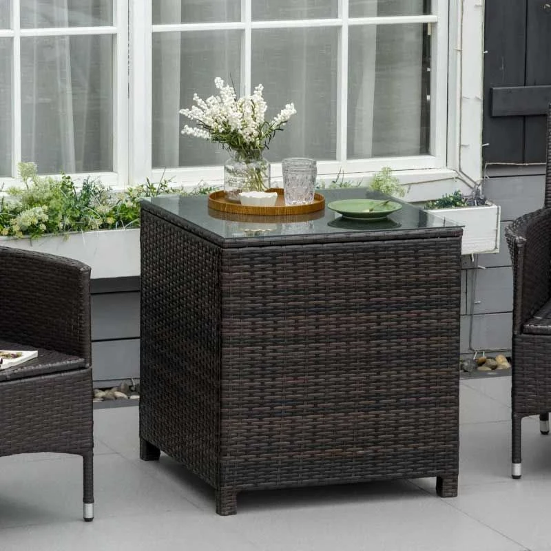 Outsunny Rattan Side Table With Glass Table Top - 640mm - Brown - 01-0723