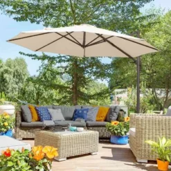 Outsunny 3m Beach Hanging Umbrella Parasol WithHand Crank - Beige - 840-126