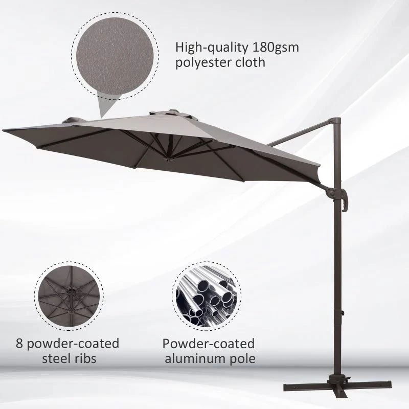 Outsunny 3m Cantilever Aluminium Frame Outdoor Garden Parasol - Grey - 840-126GY - Image 8
