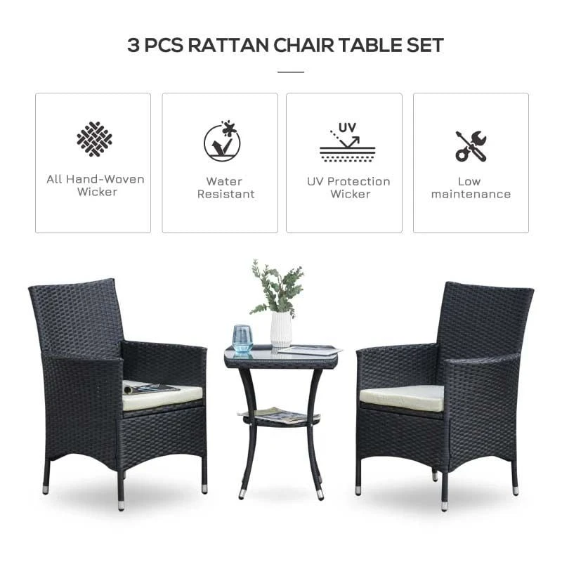 Outsunny 2 Seat Rattan Bistro Chair And Table Set - Black - 841-094 - Image 8