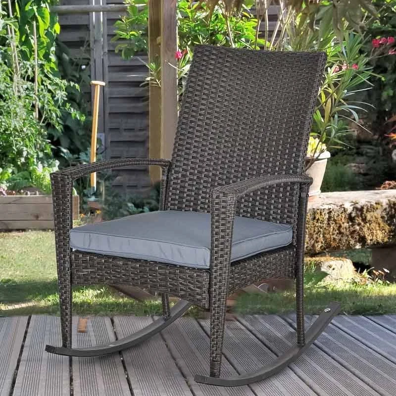 Outsunny Rattan Garden Rocking Chair With Cushion - Grey - 841-146 - Image 4