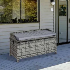Outsunny Rattan Garden Bench With Storage And Cushion - Grey - 841-153V70