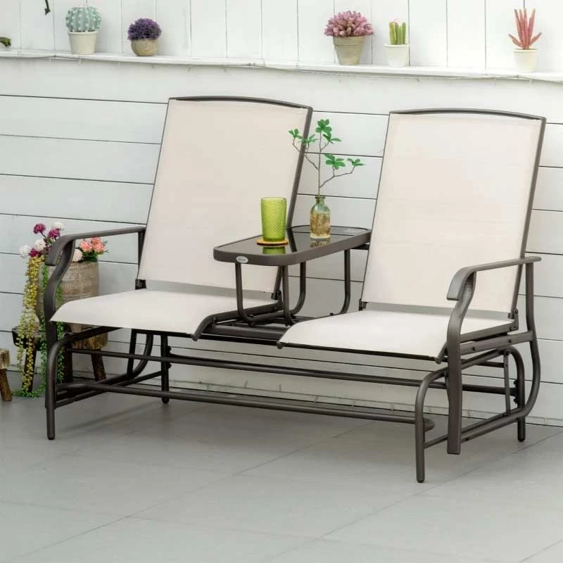Outsunny Metal Double Garden Swing Chair With Table - Brown-84A-011BN